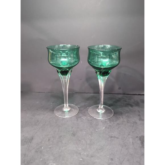 Tulip Stemware Emerald Green Cordials, Art Glass Set of 2, Murano Style, Vintage - Picture 3 of 9